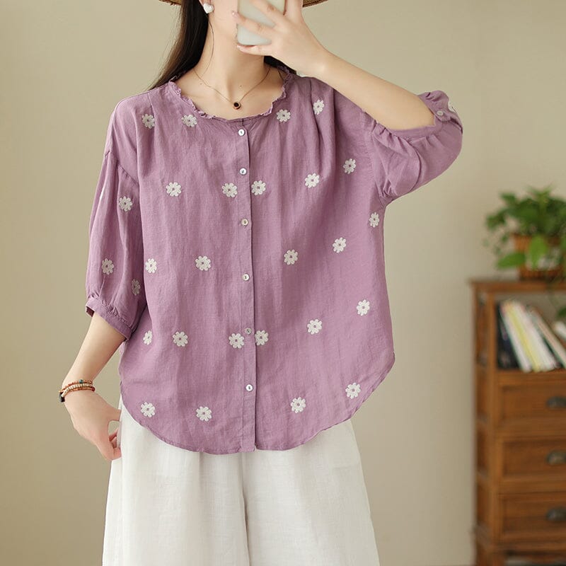 Summer Cotton Linen Floral Embroidery Casual Blouse