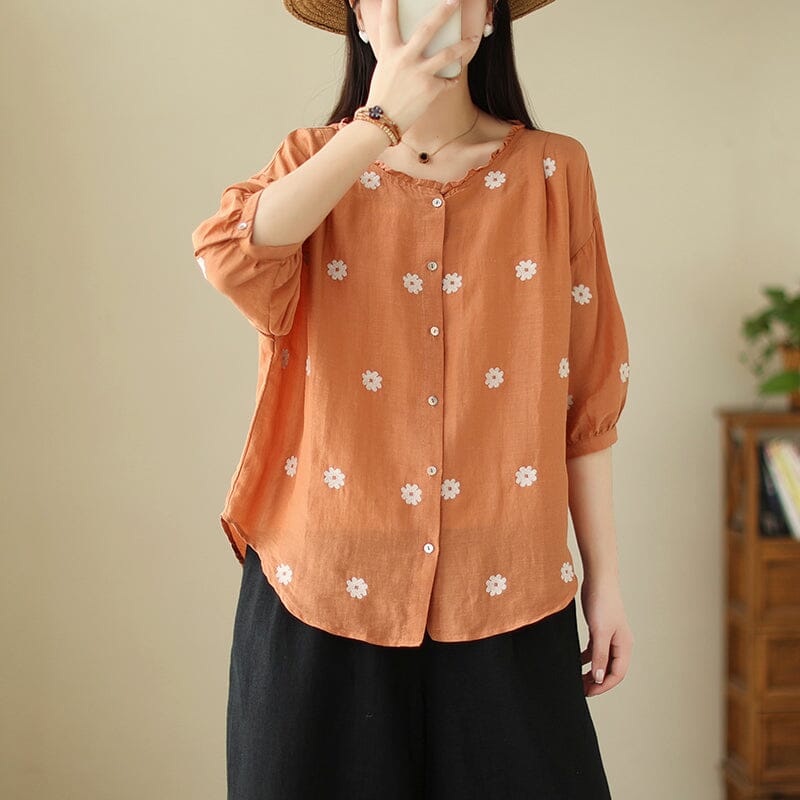 Summer Cotton Linen Floral Embroidery Casual Blouse