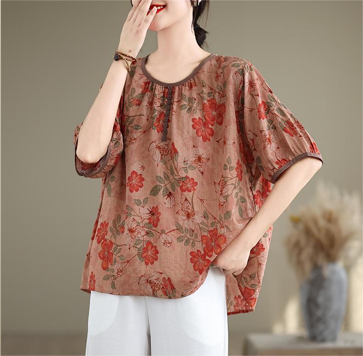 Women Floral Printed Ruffled Cotton Linen Blouses