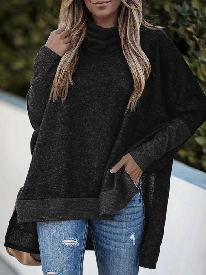 Women's Sweaters Bat Sleeve High Neck Irregular Split Long Sleeve Sweater - LuckyFash™