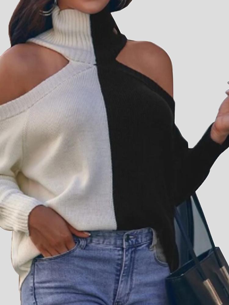 Women's Sweaters Contrasting Off-The-Shoulder High Collar Sweater - LuckyFash™