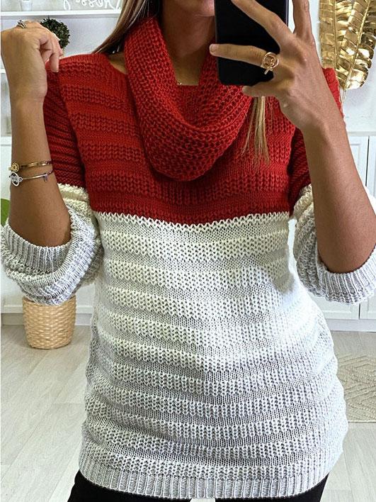 Women's Sweaters Three-Color Stitching Round Neck Bib Long Sleeve Sweater - LuckyFash™